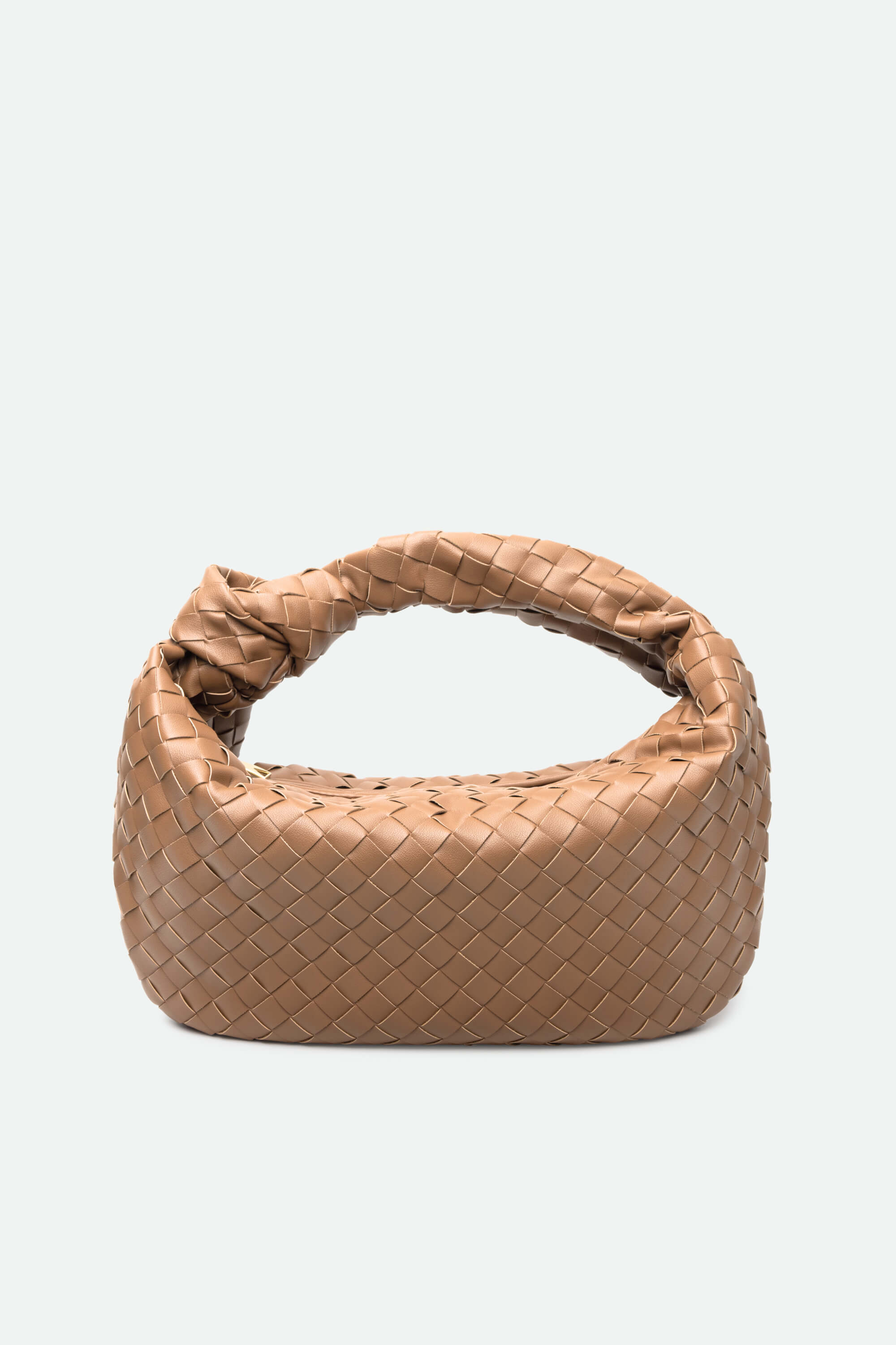 Brown woven handbag on a light gray background