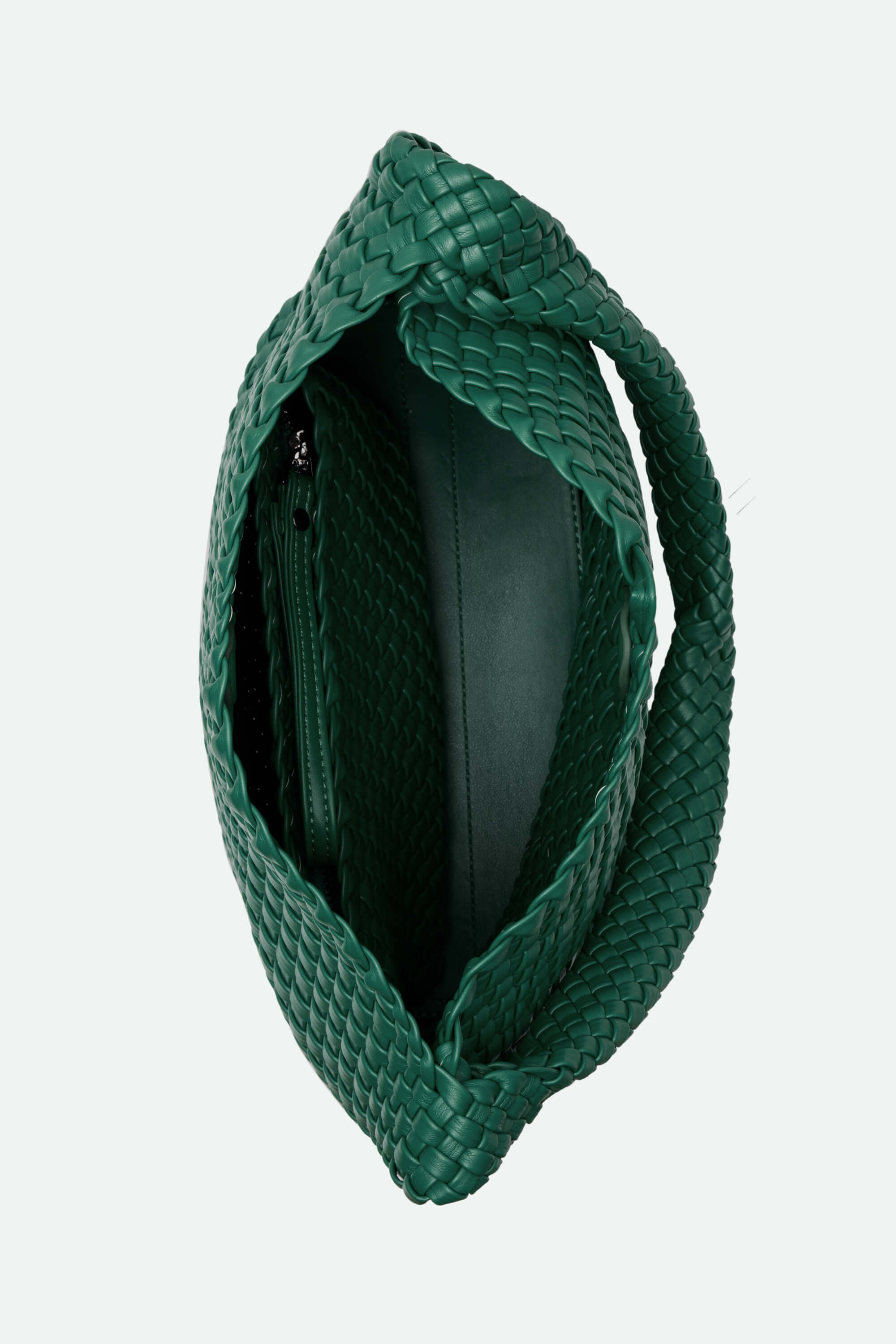 Green textured clutch bag on a light gray background