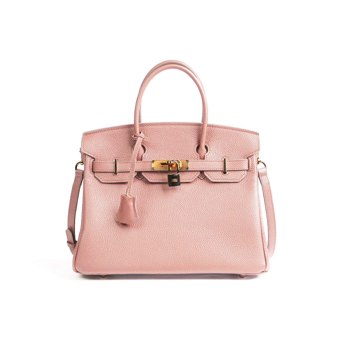 Pink handbag with gold hardware on a white background