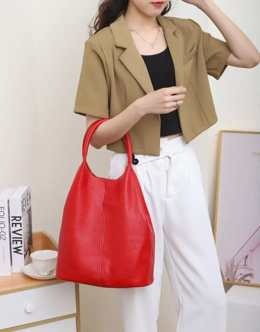 Valentina Commute soft leather work tote in Scarlet