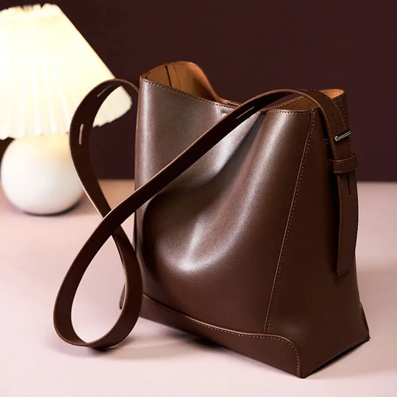 Valentina Calce bucket bag in Dark Brown, front view