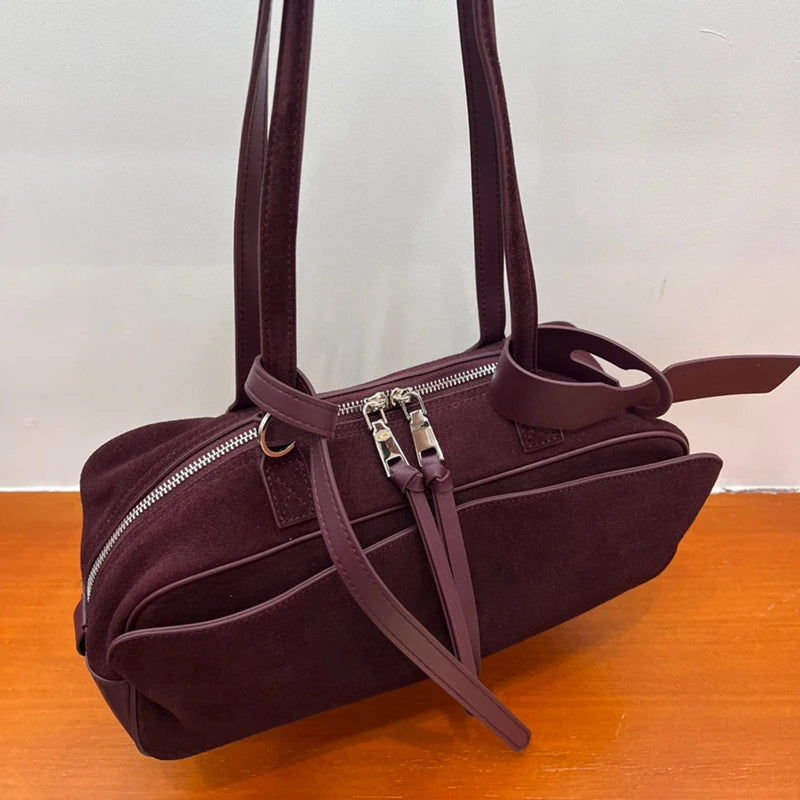 Valentina Linea east west suede shoulder bag in Bordeaux