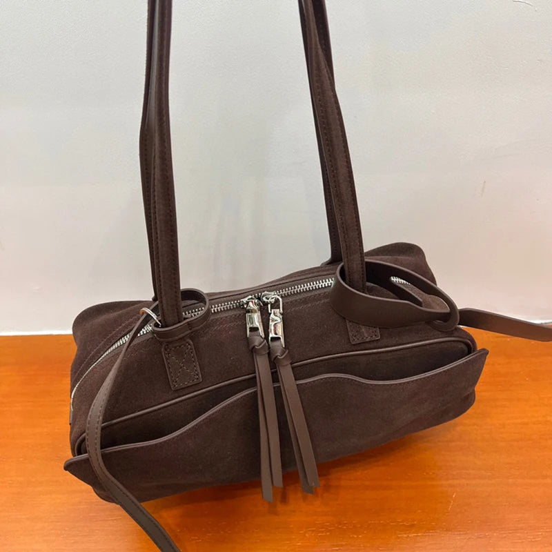 Valentina Linea east west suede shoulder bag in Espresso