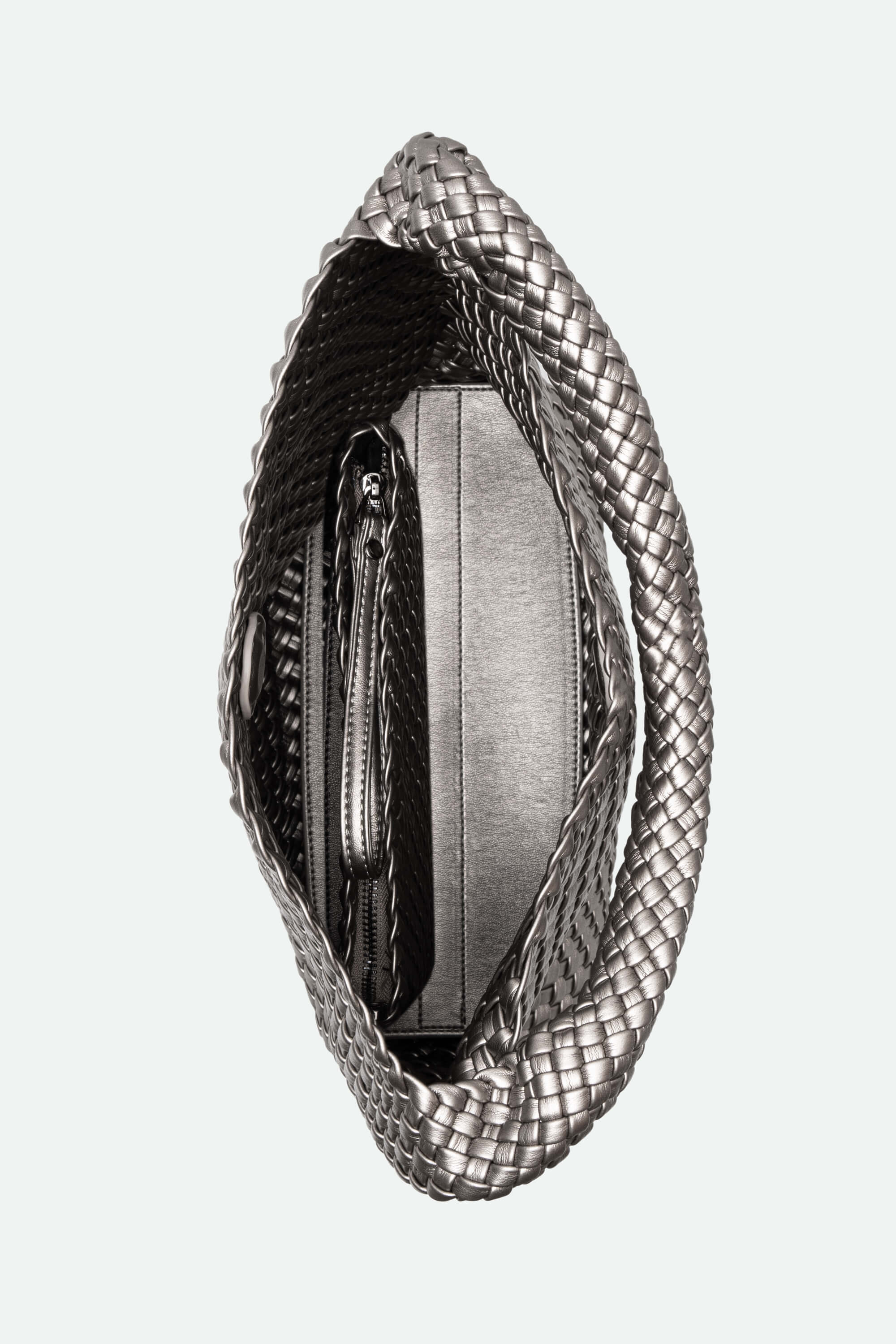 Silver clutch bag with snake skin pattern on a white background