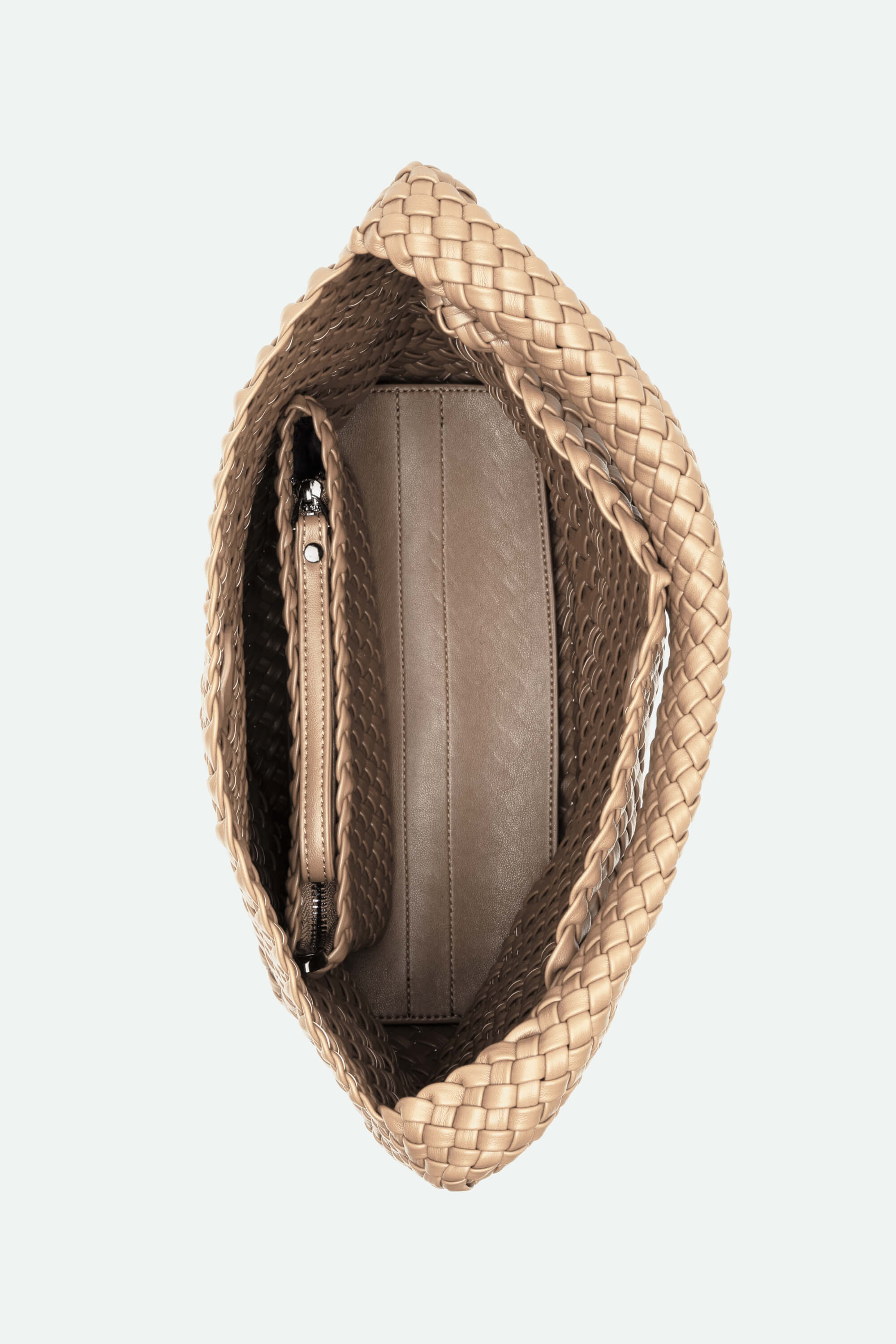Woven handbag with a neutral interior on a light gray background