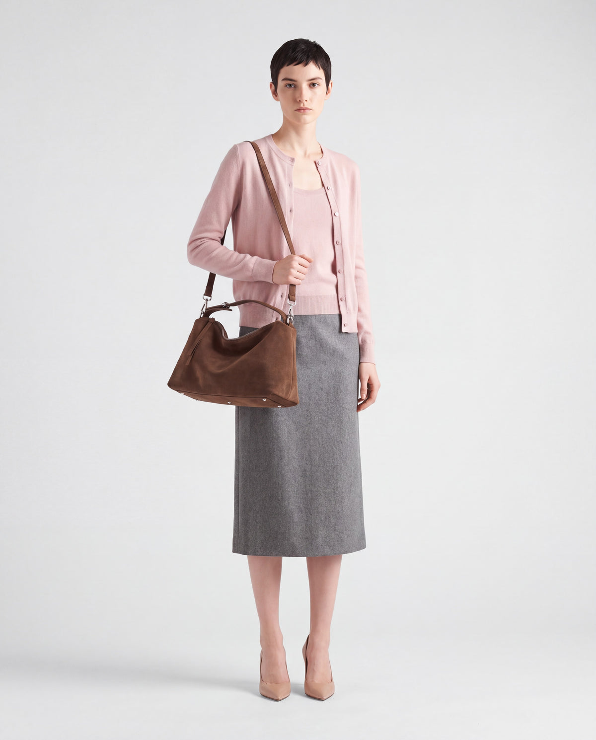 Ardesia bag in Brown – worn by model, full length