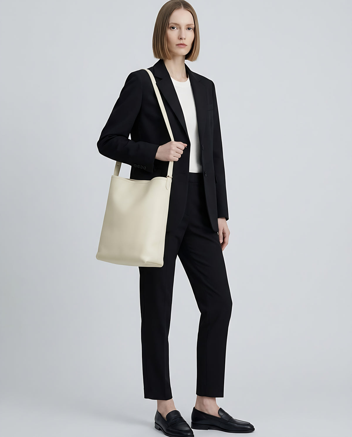 Aria Large bag in Cream – worn by model, full length