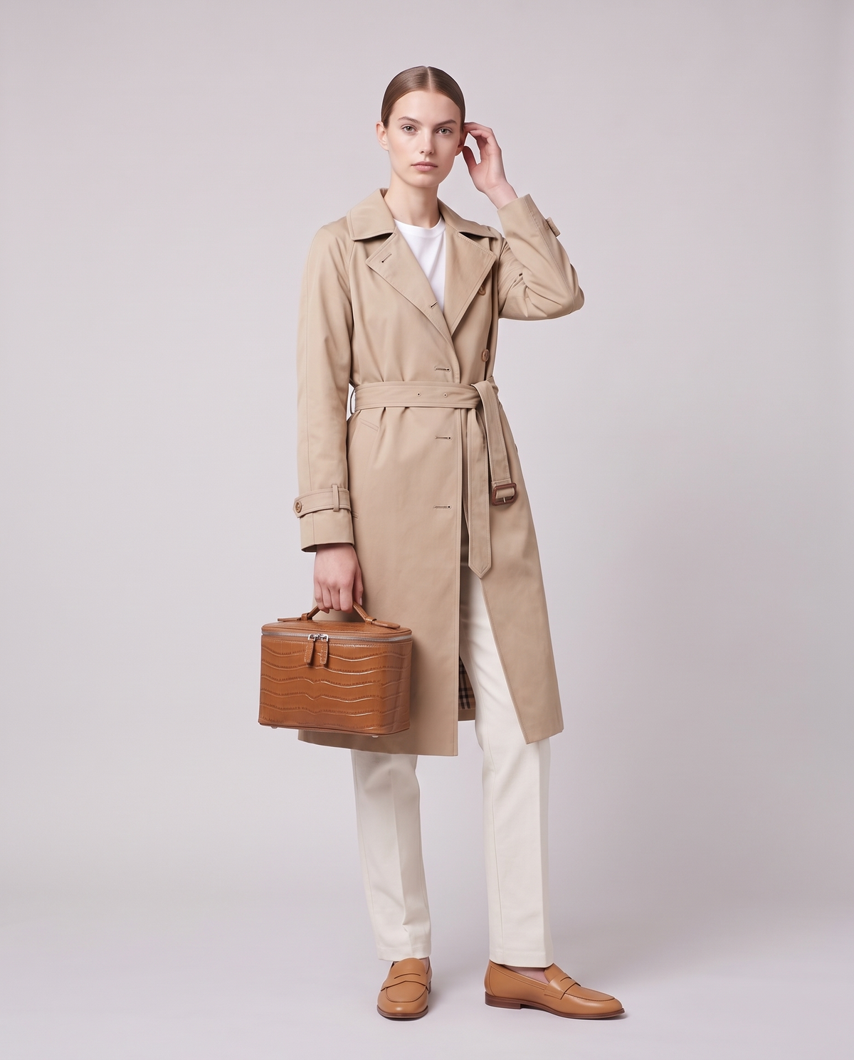 Model holding the Bellagio vanity case in Cognac – full-length view