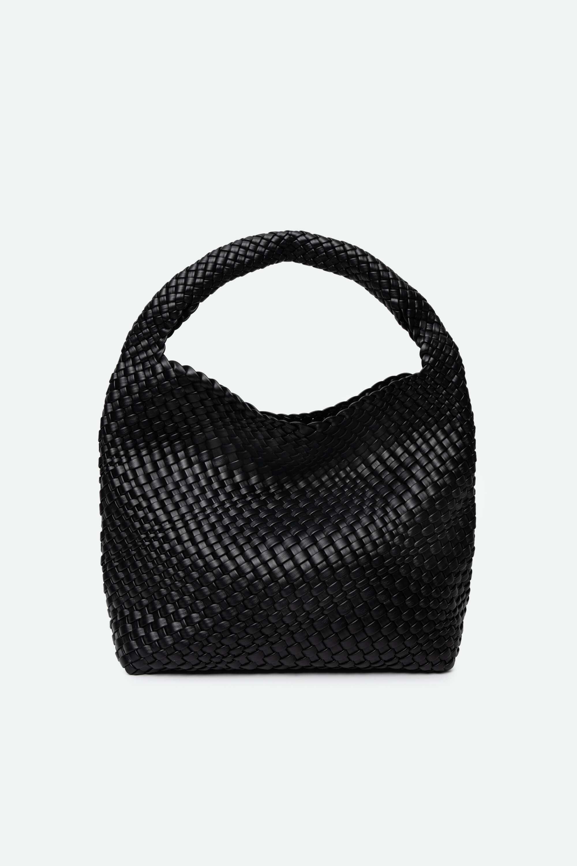 Black woven handbag on a light gray background