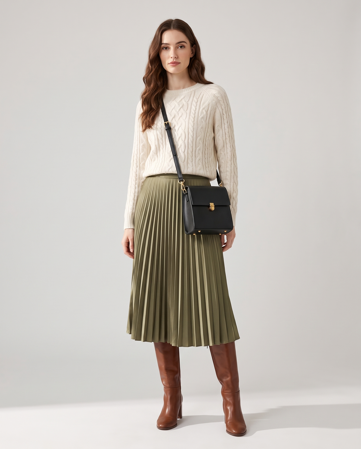 Bloc square vegan leather crossbody bag in Black – model wearing it crossbody, full length