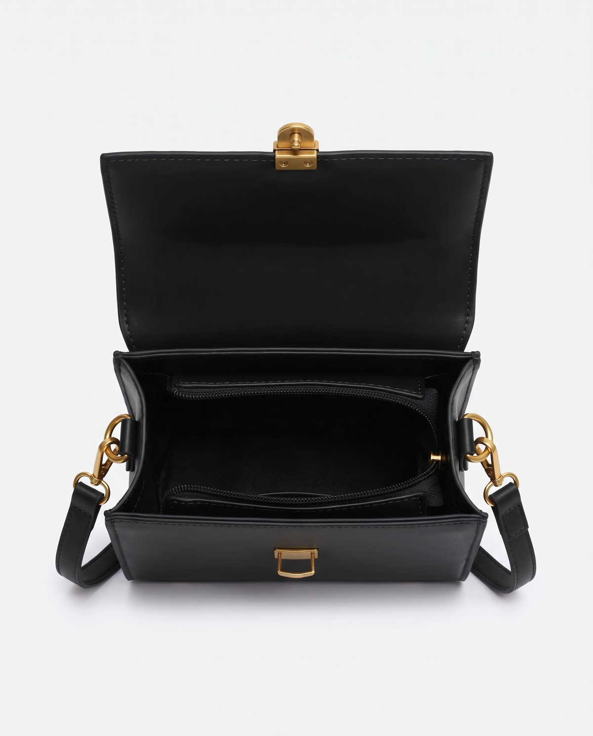 Bloc square vegan leather crossbody bag in Black – open, showing the interior