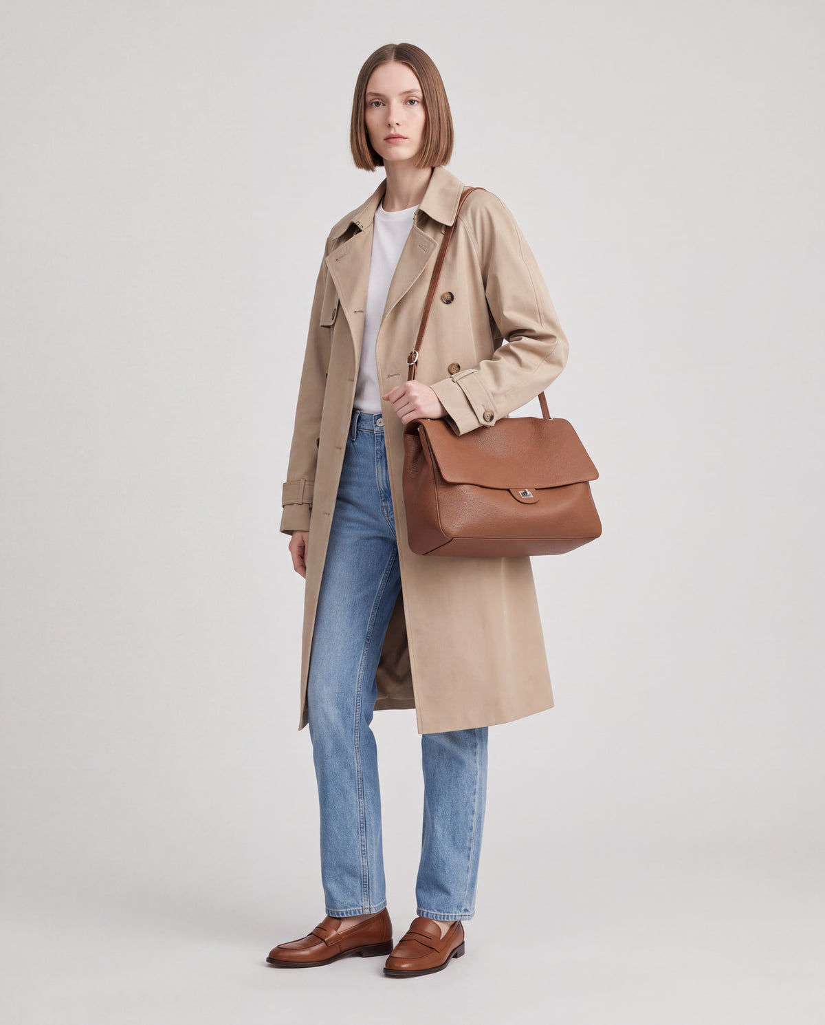 Brio Large bag in Brown – worn by model, full length