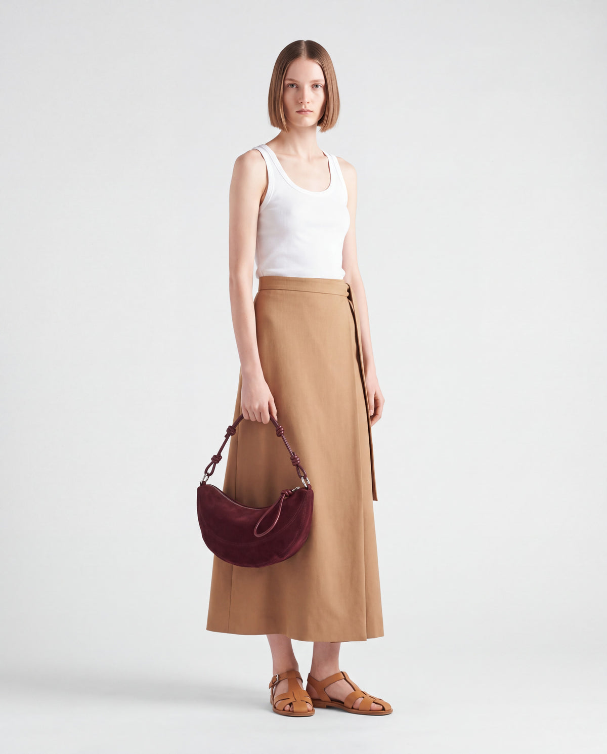 Bruma bag in Burgundy – worn by model, full length