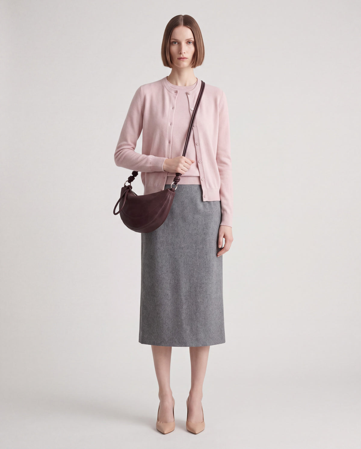 Bruma bag in Chocolate – worn by model, full length
