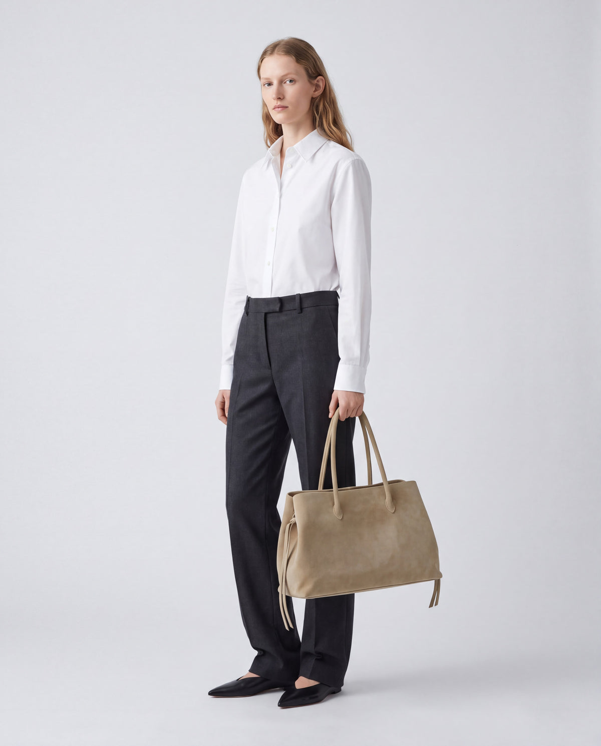 Cala bag in Khaki – worn by model, full length