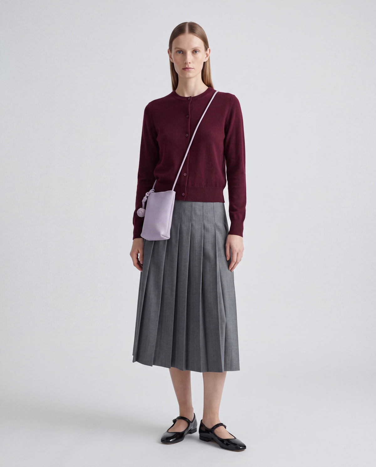 Cara bag in Lavender – worn by model, full length