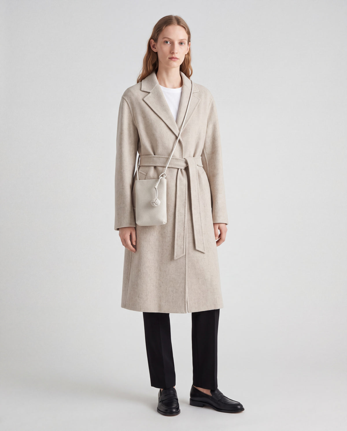 Cara bag in Stone – worn by model, full length