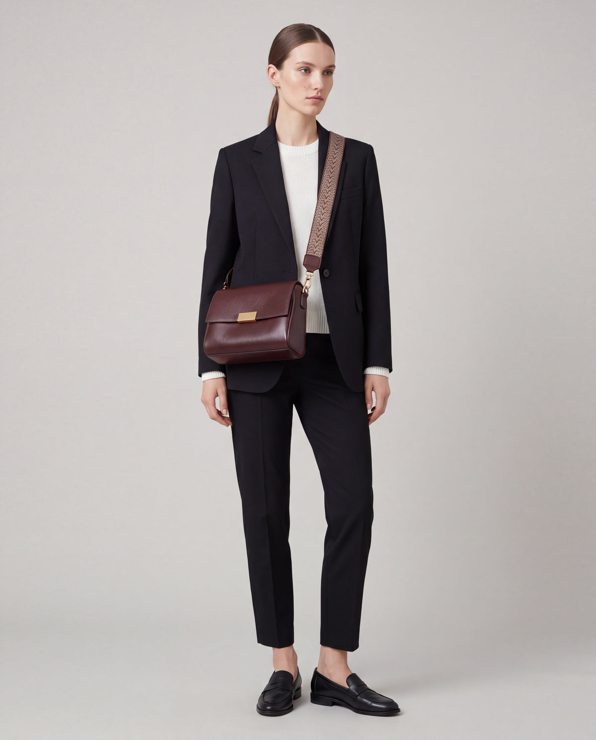Cedro bag in Chocolate – worn by model, full length