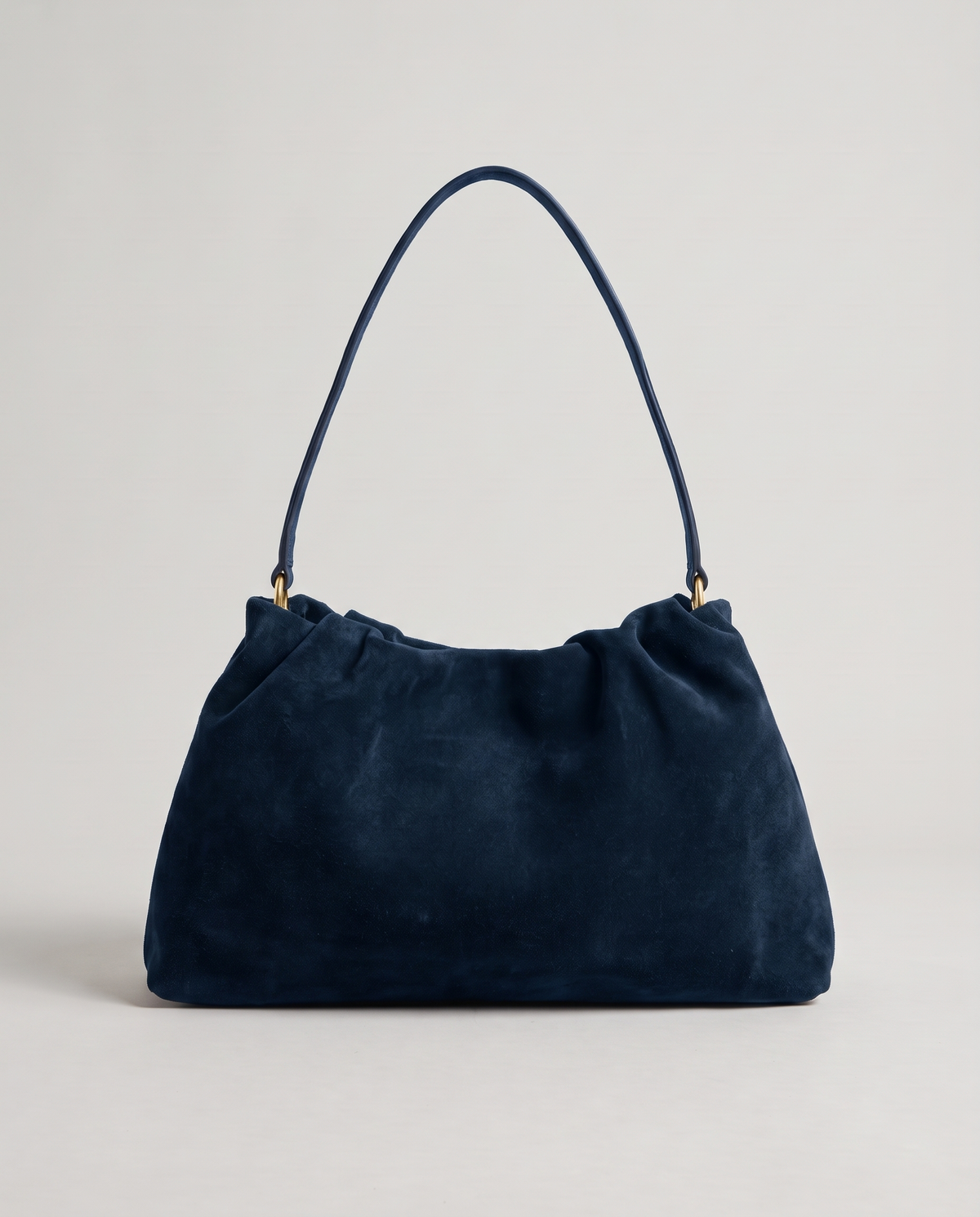 Cielo gathered suede bag in navy, front view