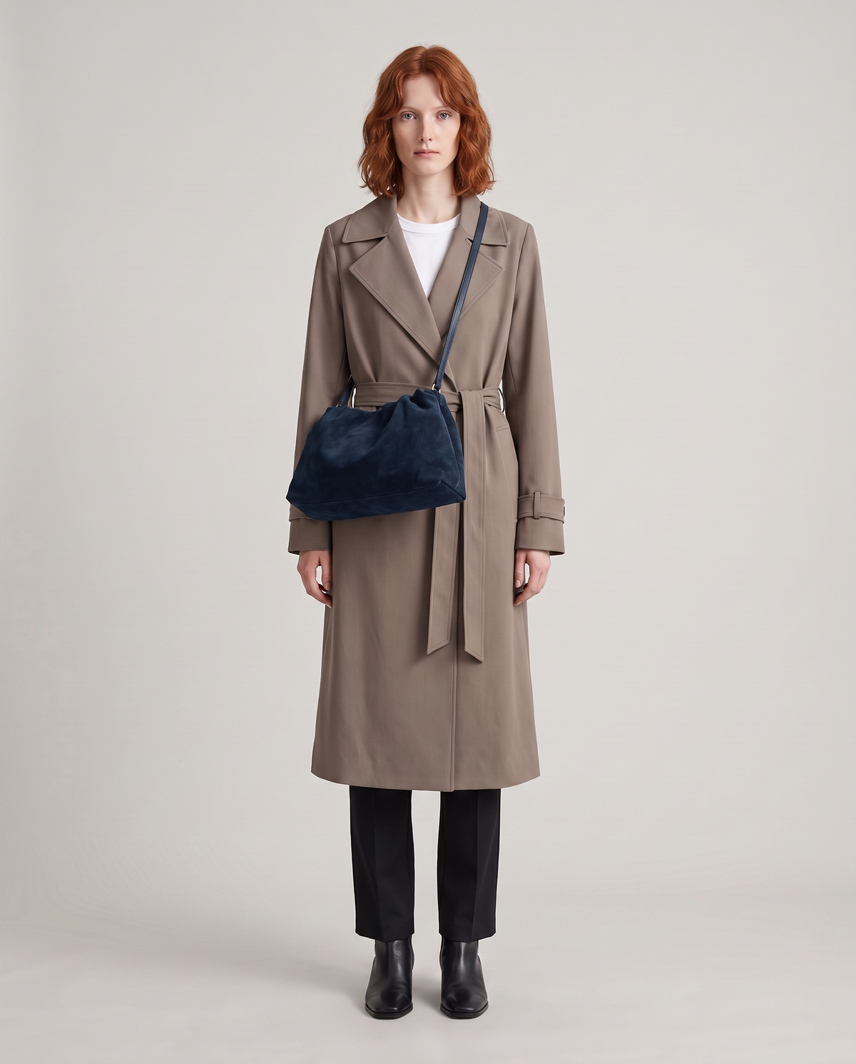 Model with the Cielo gathered suede bag in navy, full length