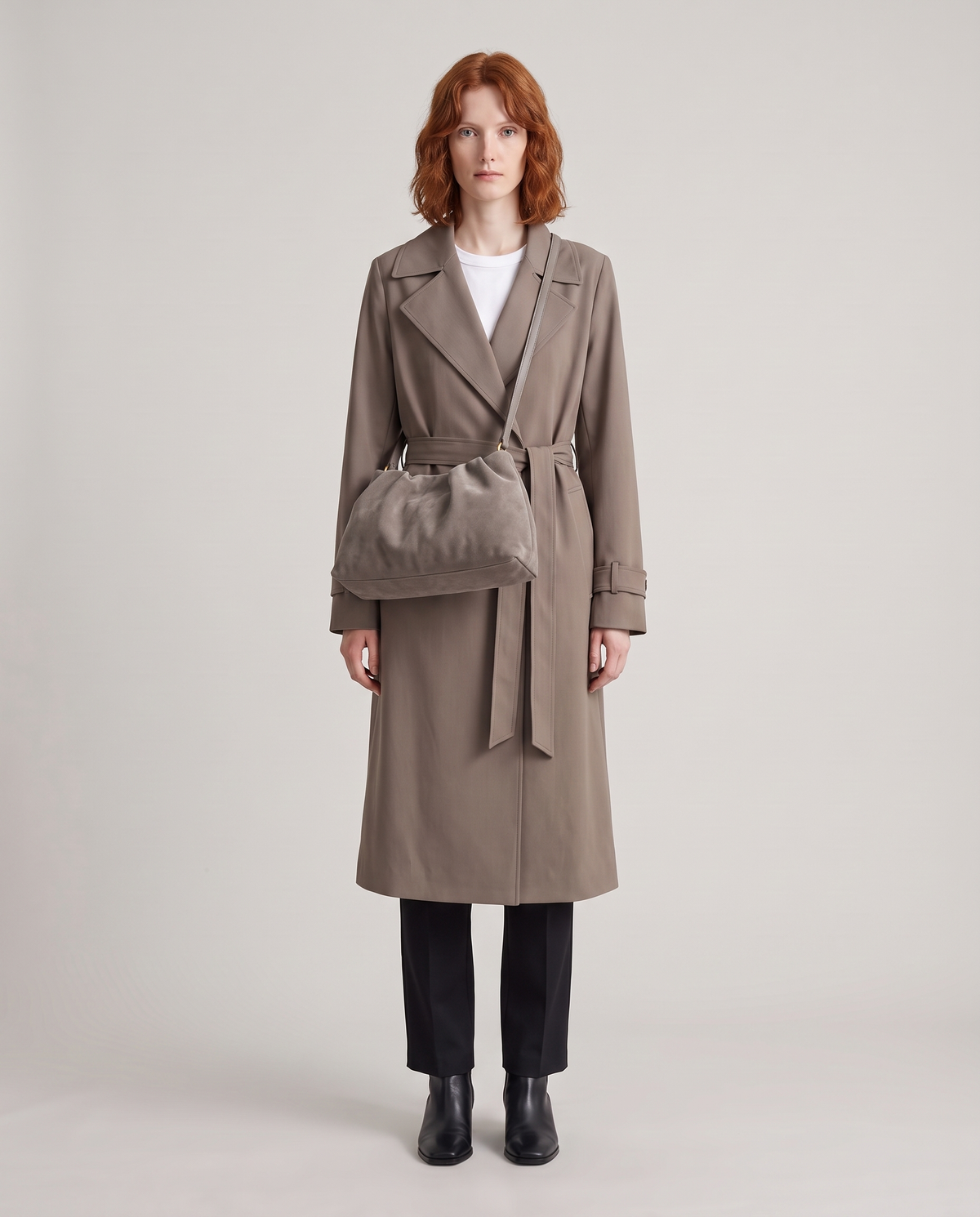 Model with the Cielo gathered suede bag in taupe, full length