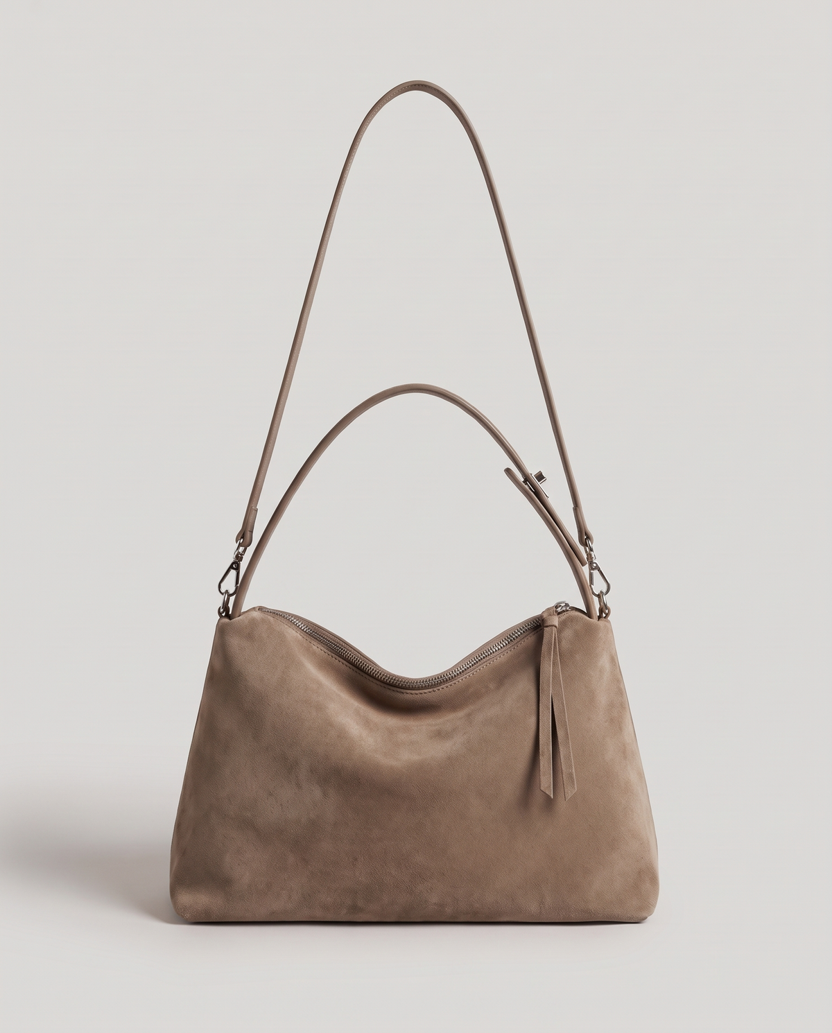 Cima suede shoulder bag in grey, front view