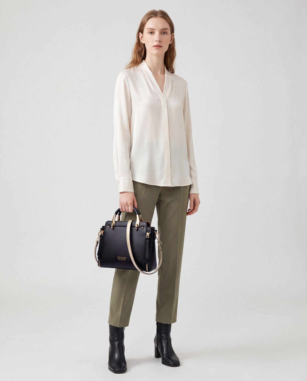 Contrast bag in Black – worn by model, full length