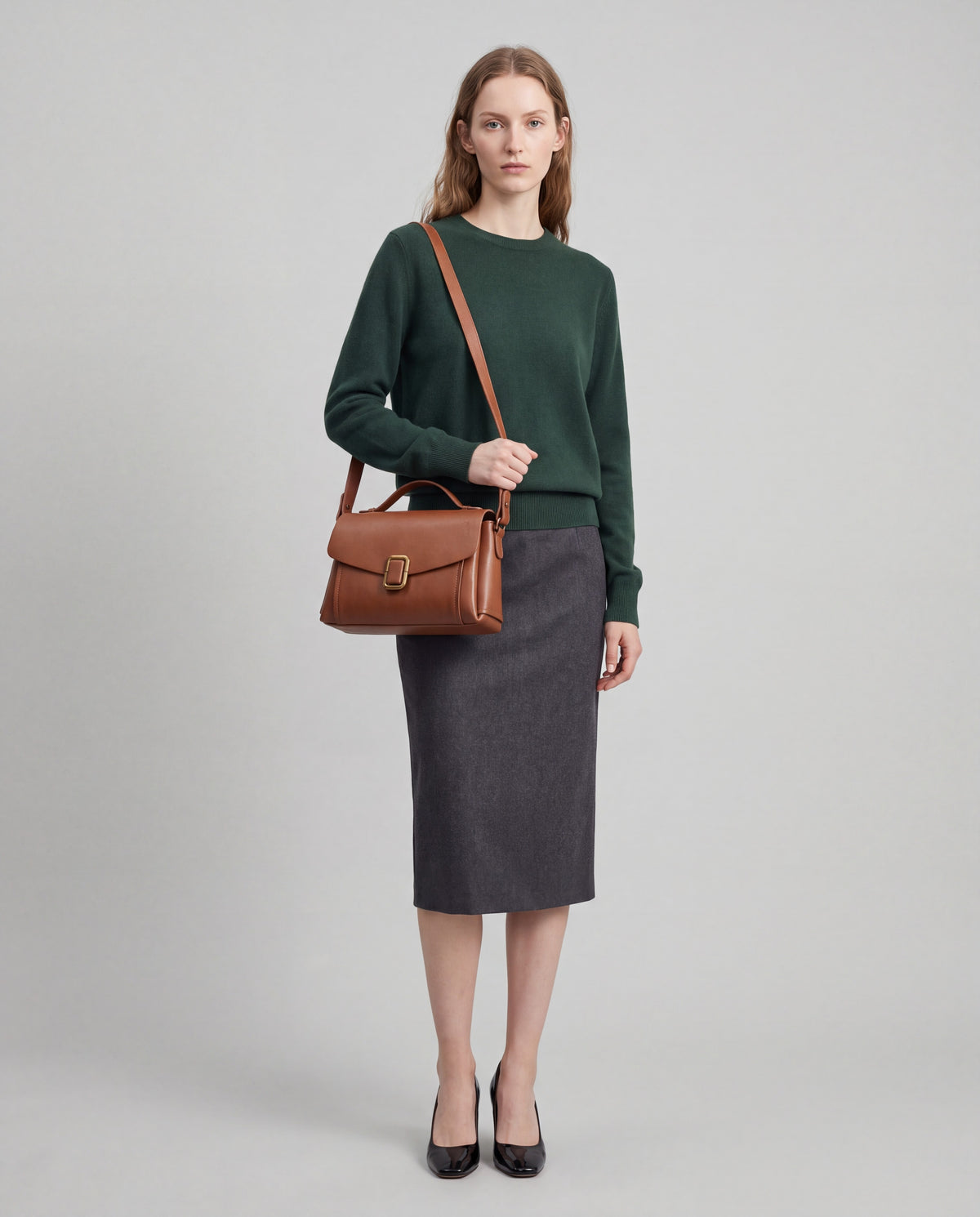 Creta bag in Cognac – worn by model, full length