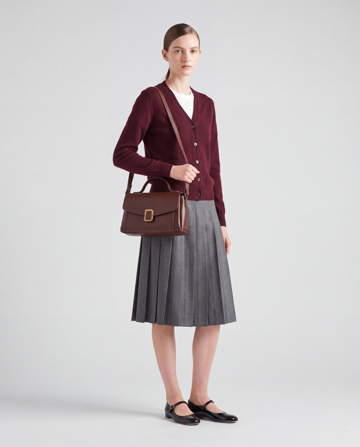 Creta bag in Mahogany – worn by model, full length