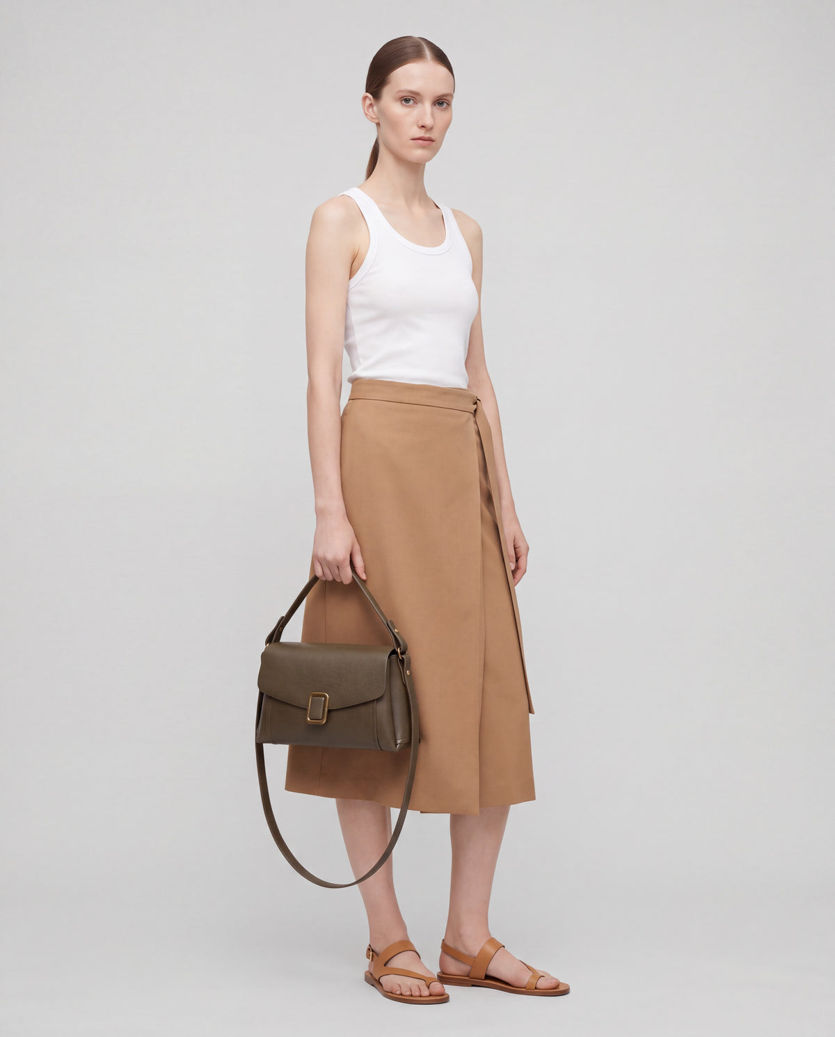 Creta bag in Olive – worn by model, full length