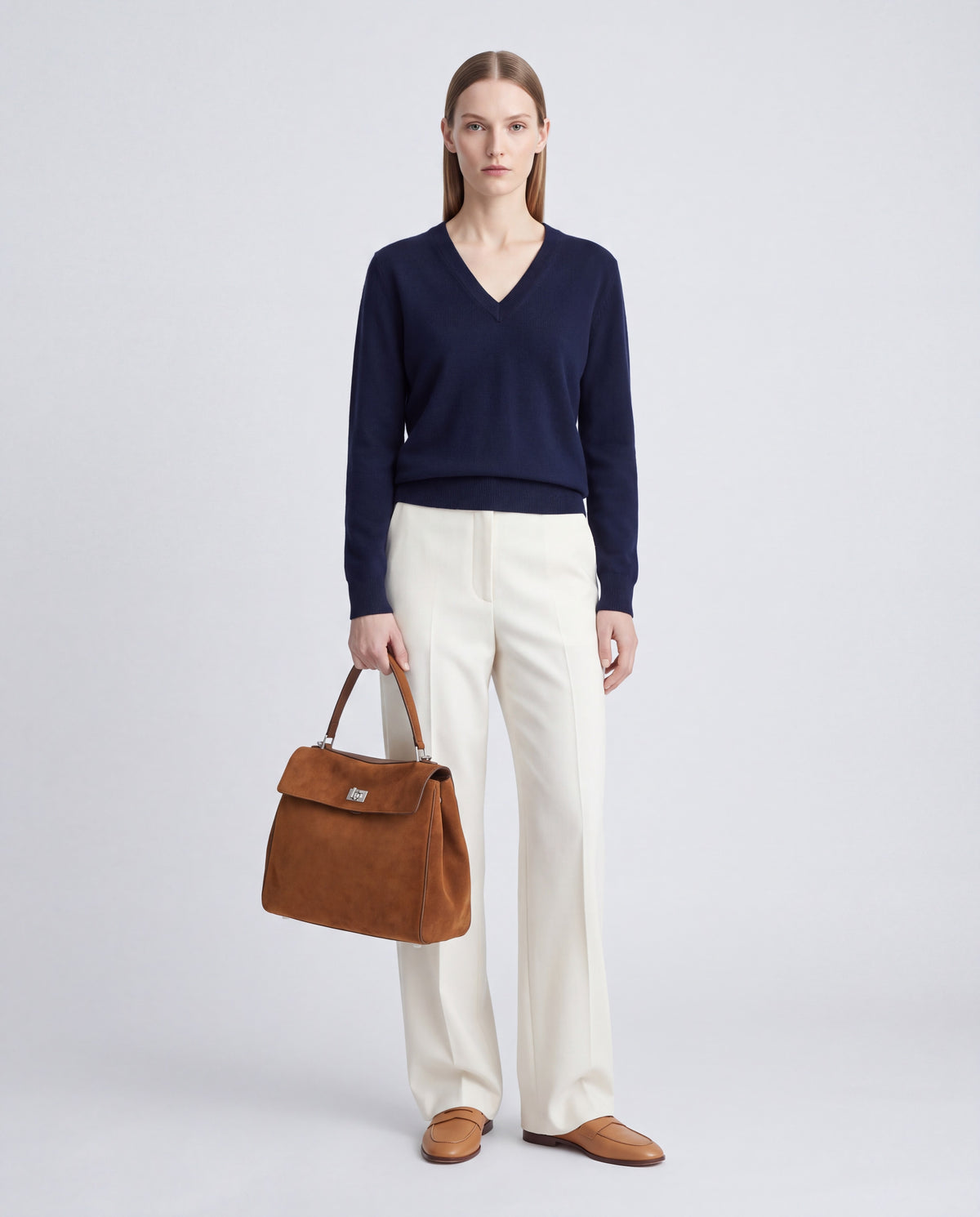 Dolce Small bag in Caramel – worn by model, full length