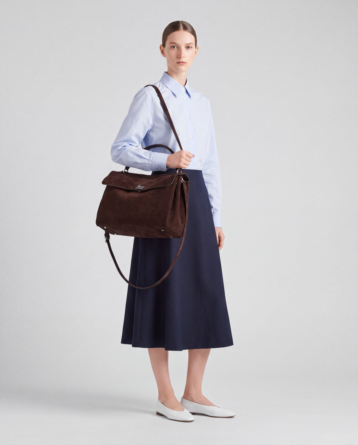 Dolce Small bag in Espresso – worn by model, full length