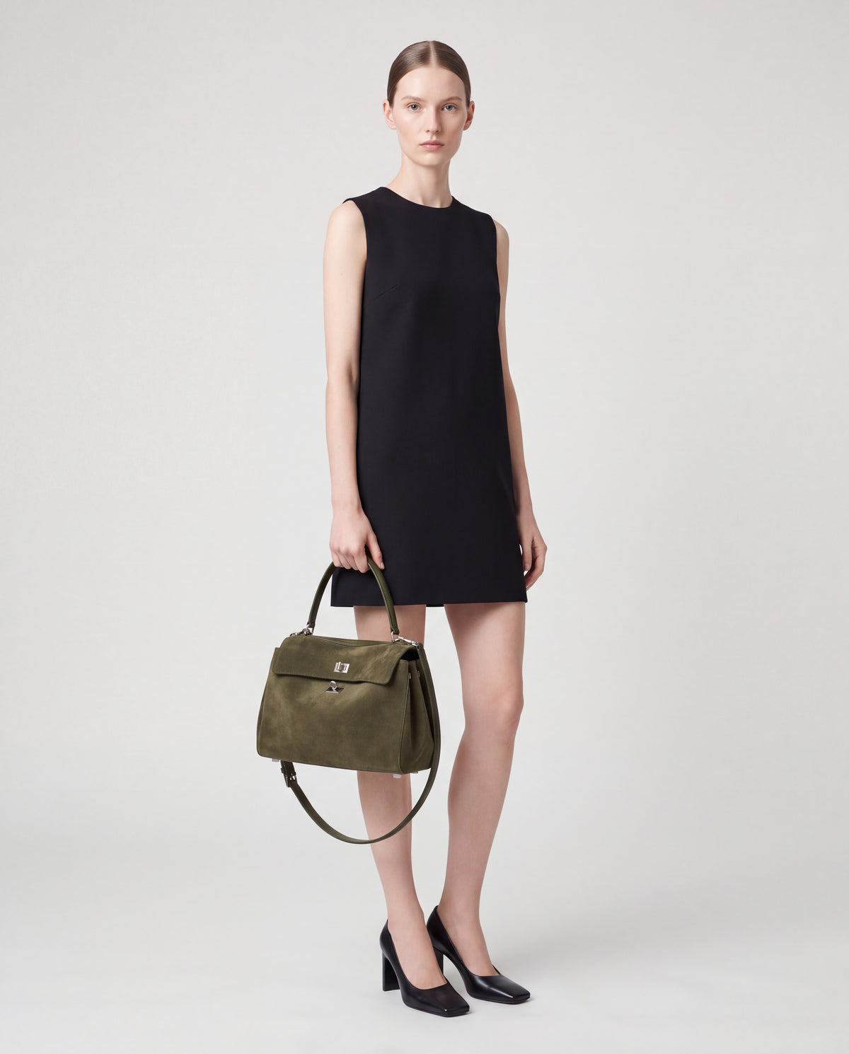 Dolce Small bag in Forest – worn by model, full length