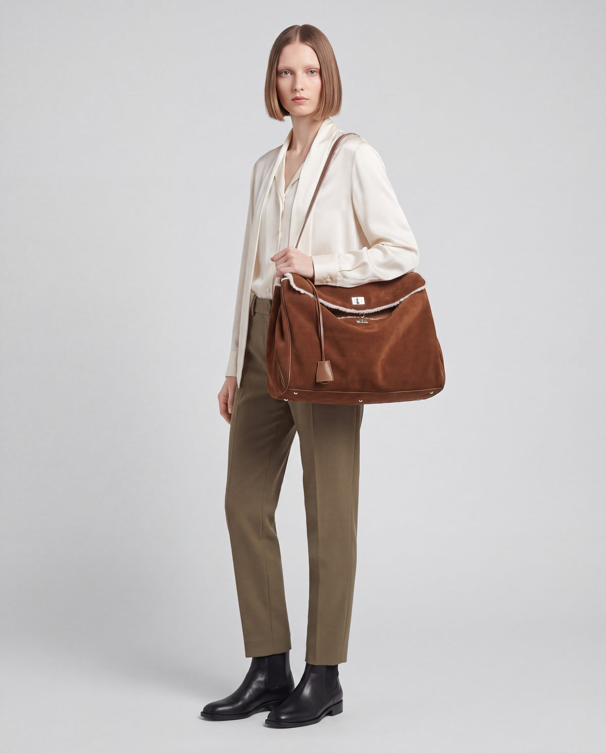 Dolce Large bag in Brown – worn by model, full length