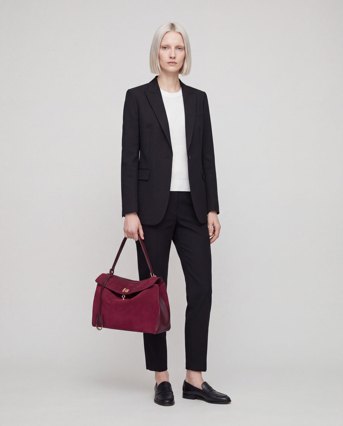 Dolce Large bag in Burgundy – worn by model, full length