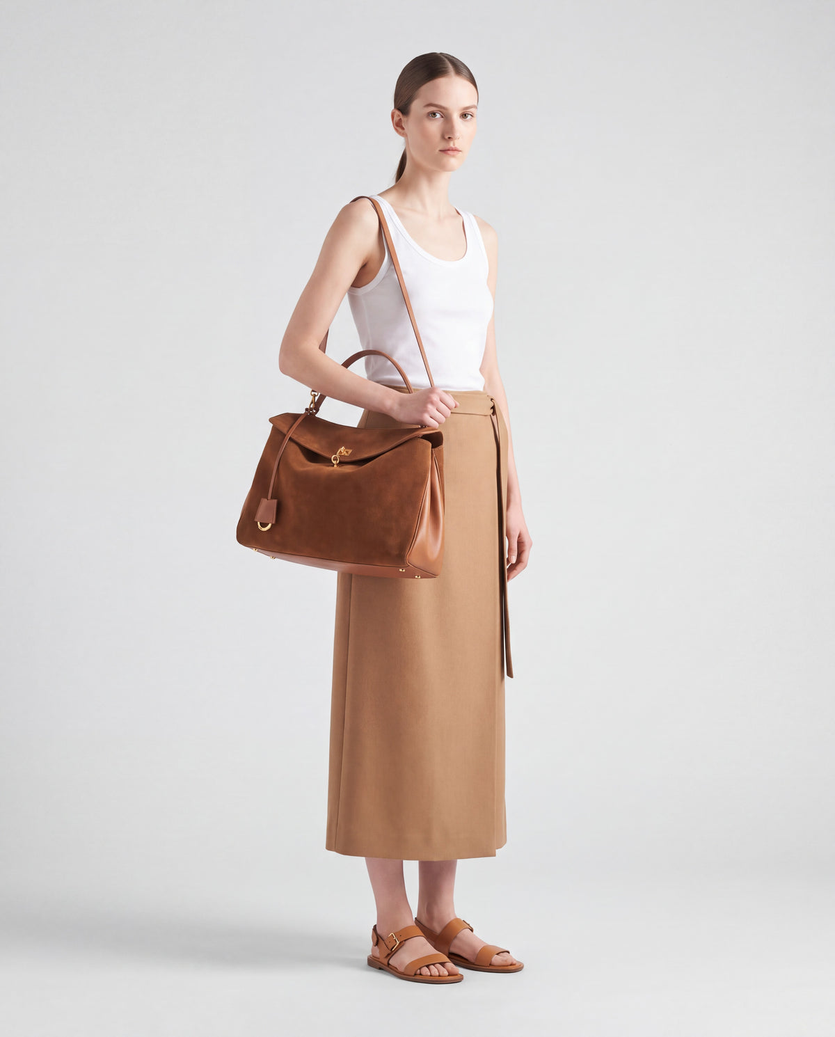 Dolce Large bag in Cognac – worn by model, full length