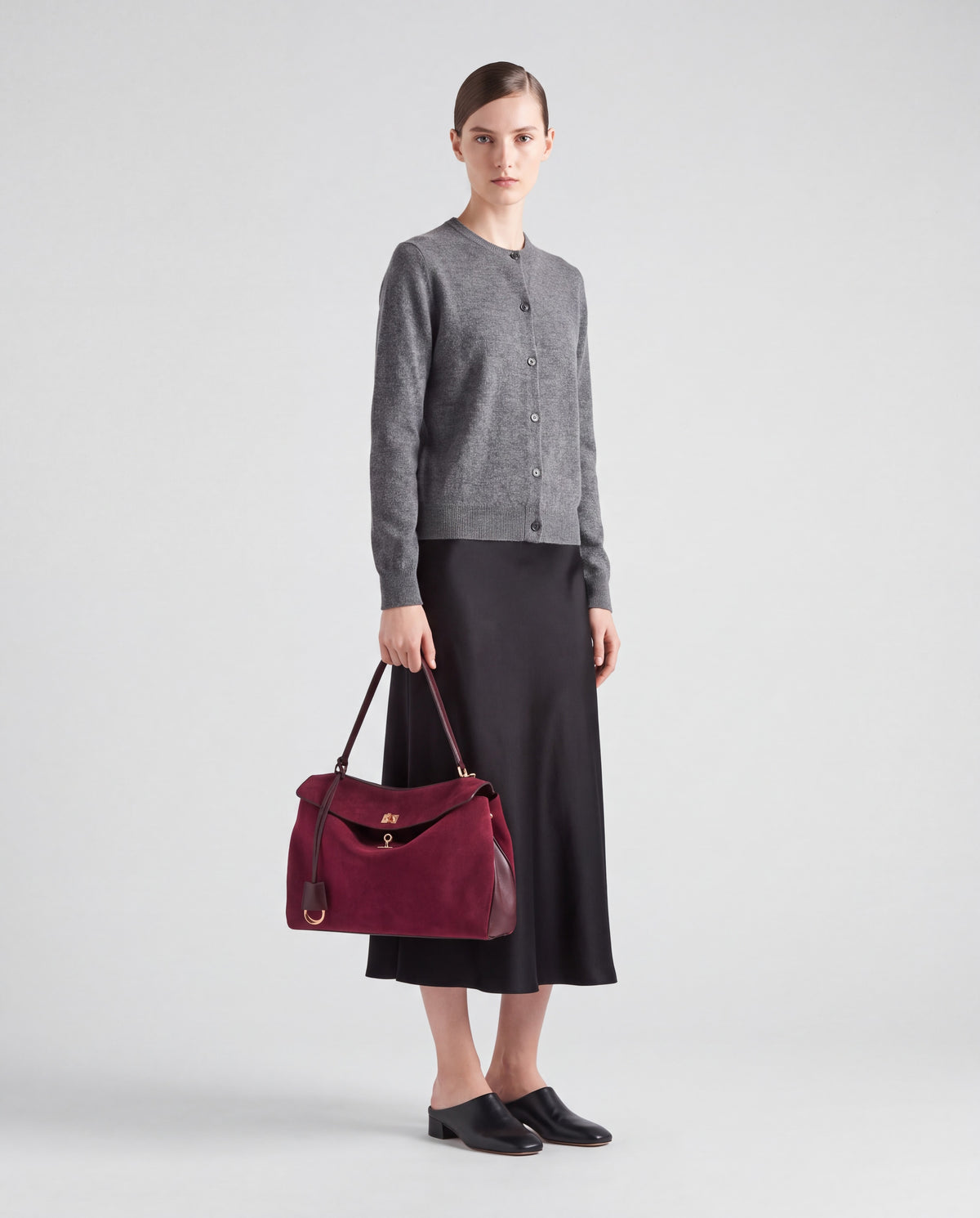 Dolce Medium bag in Burgundy – worn by model, full length