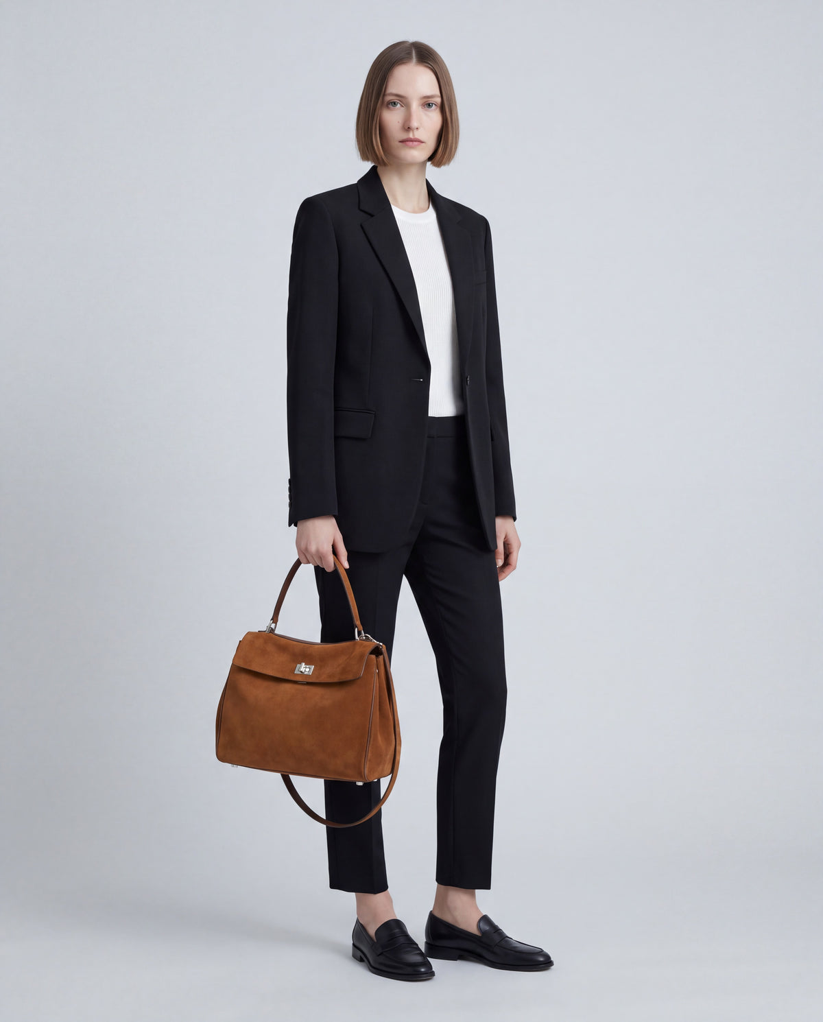 Dolce Medium bag in Caramel – worn by model, full length