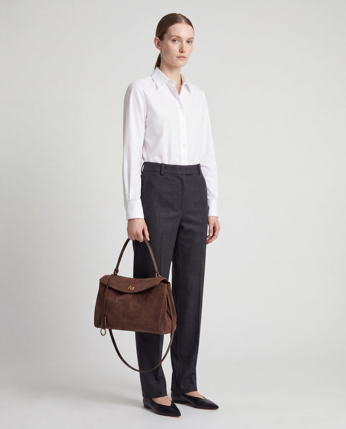 Dolce Medium bag in Mocha – worn by model, full length