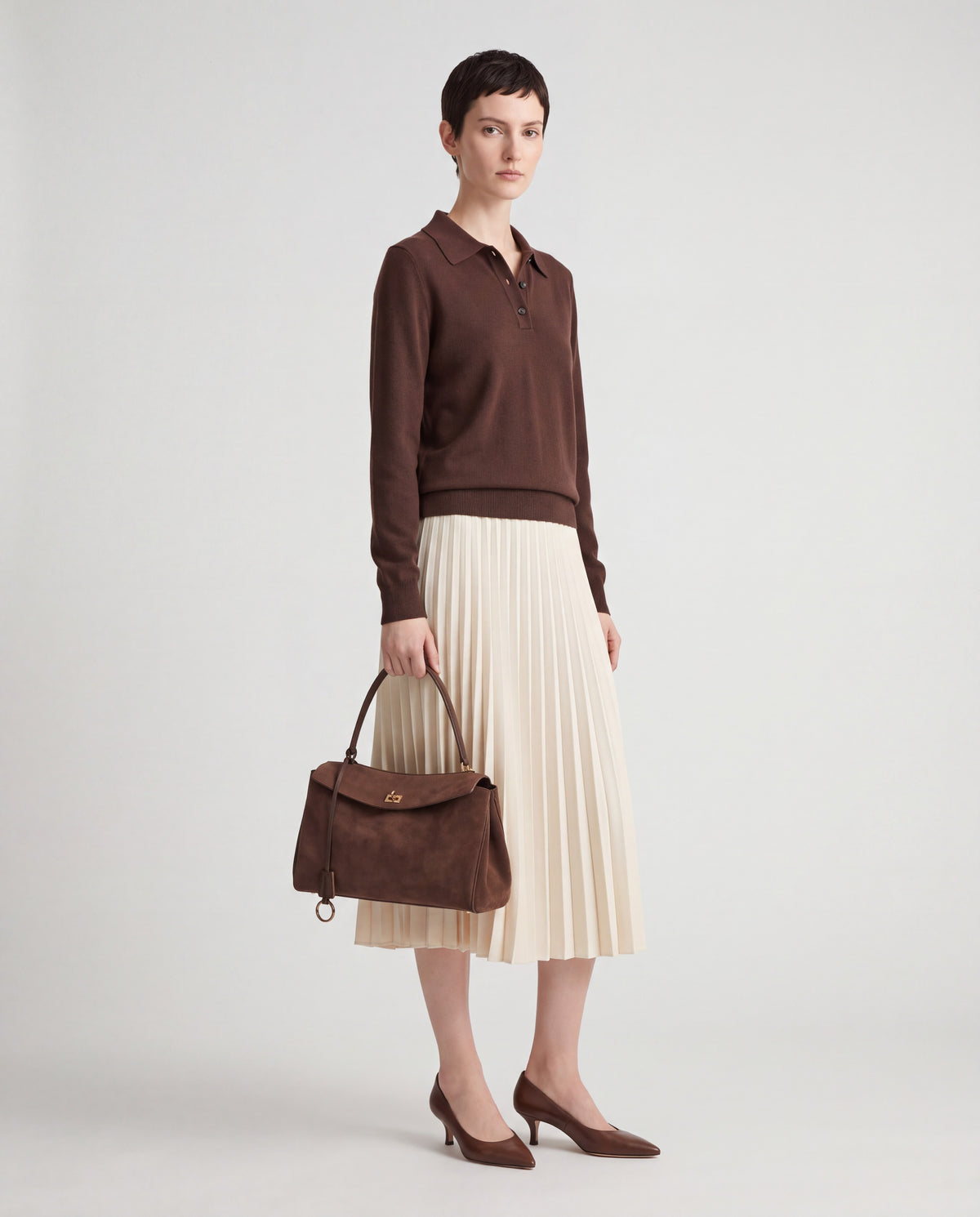 Dolce Small bag in Mocha – worn by model, full length