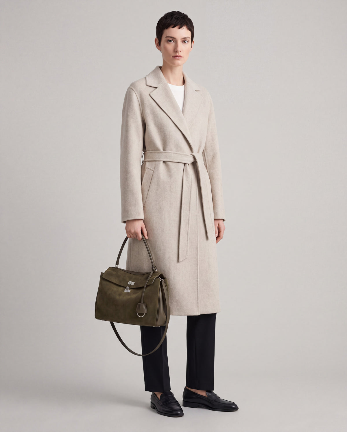 Dolce Small bag in Olive – worn by model, full length