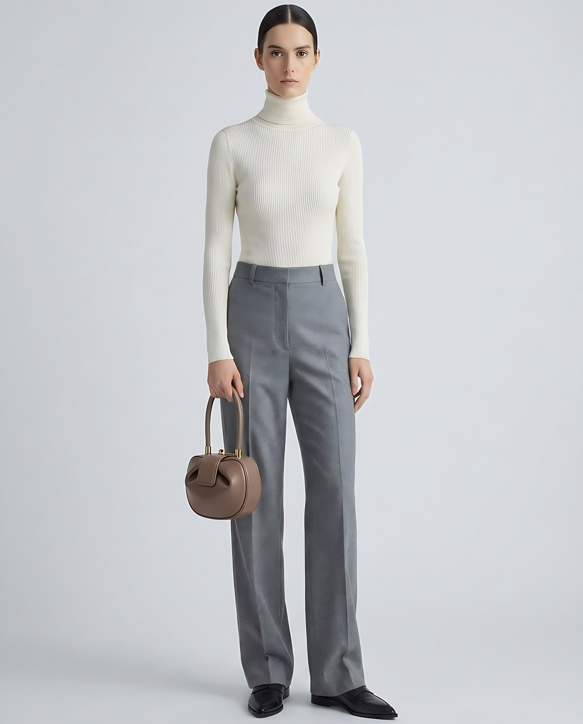 Dumpling Mini leather top-handle bag in Nude – model holding it, full length