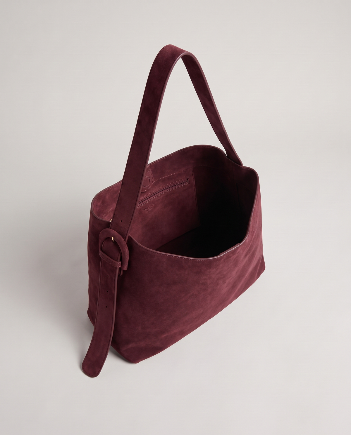 Elba suede tote in burgundy, open showing interior