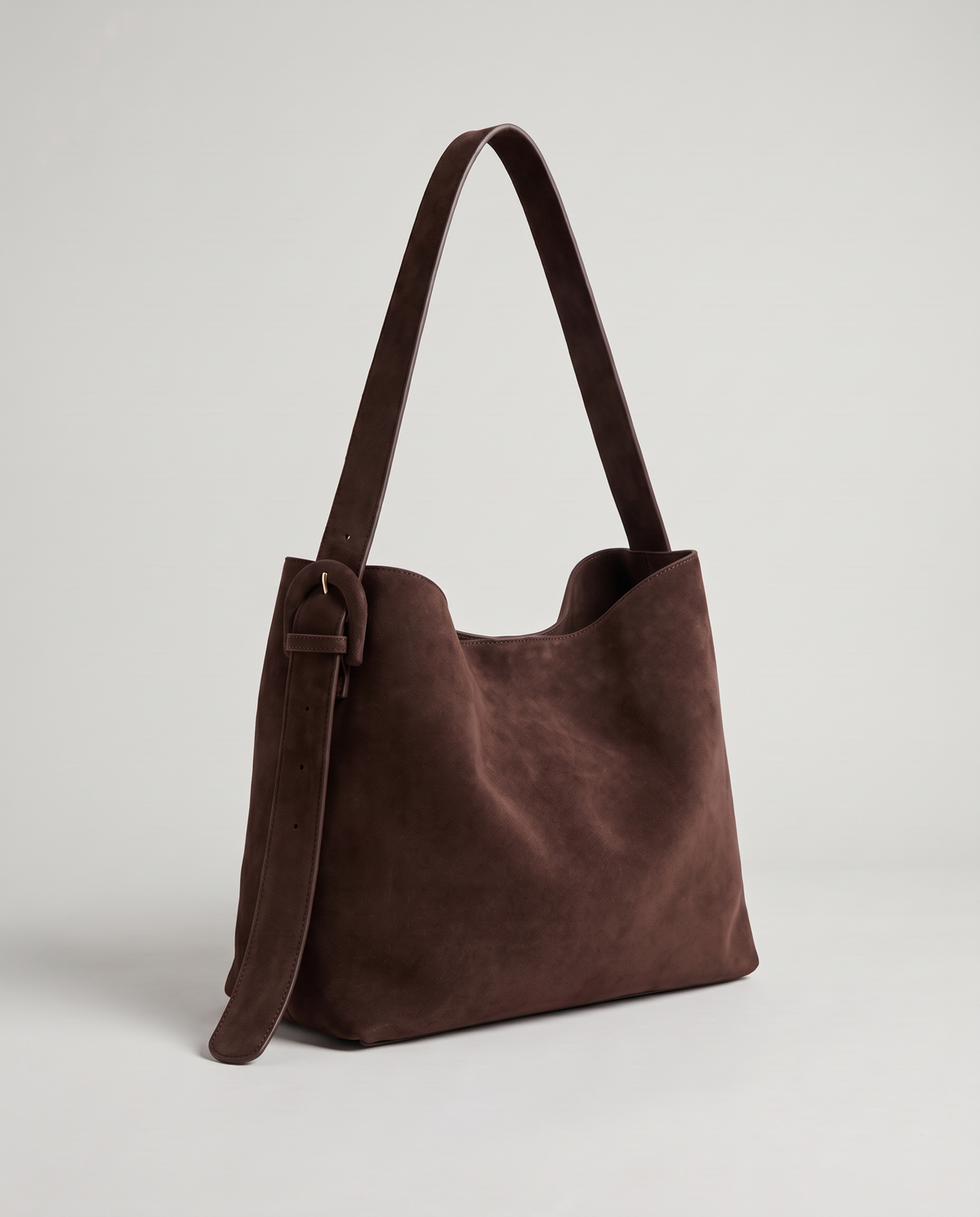 Elba suede tote in chocolate, three-quarter view
