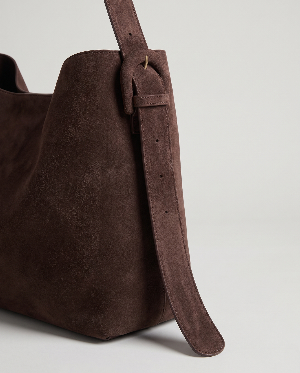 Elba suede tote in chocolate, hardware and leather detail