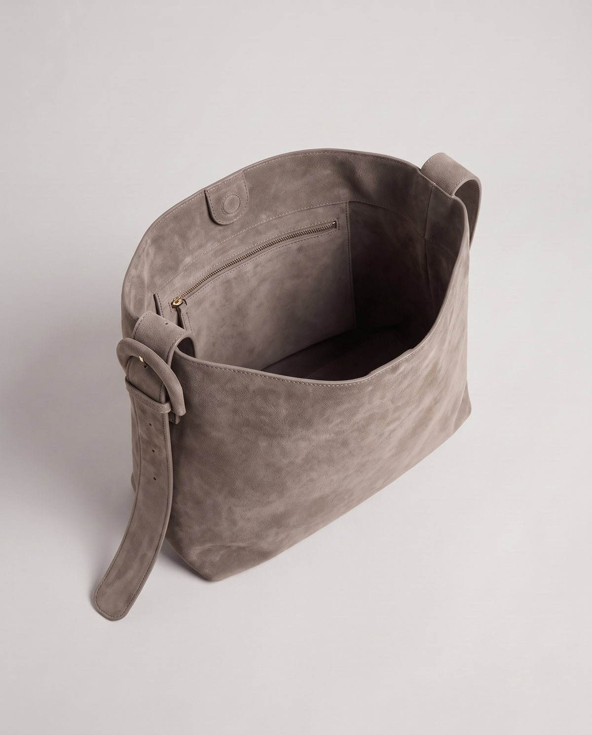 Elba suede tote in taupe, open showing interior
