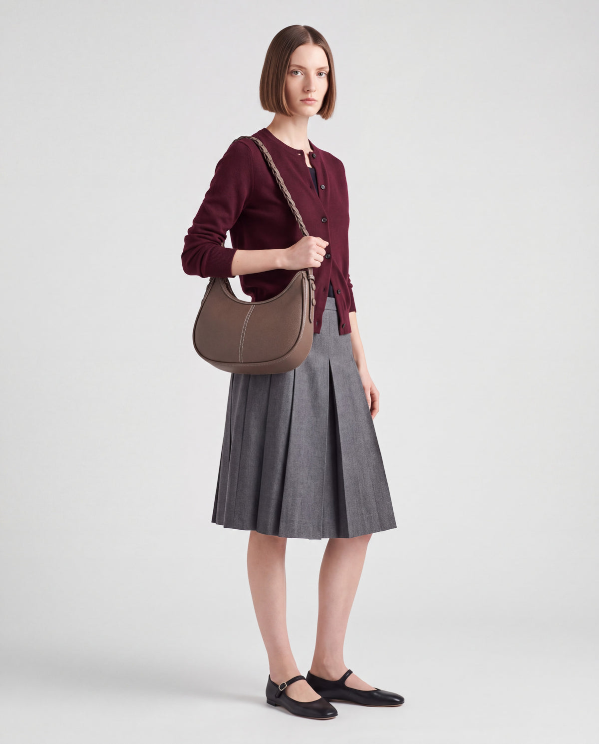 Everyday Shoulder Bag in Brown – worn by model, full length