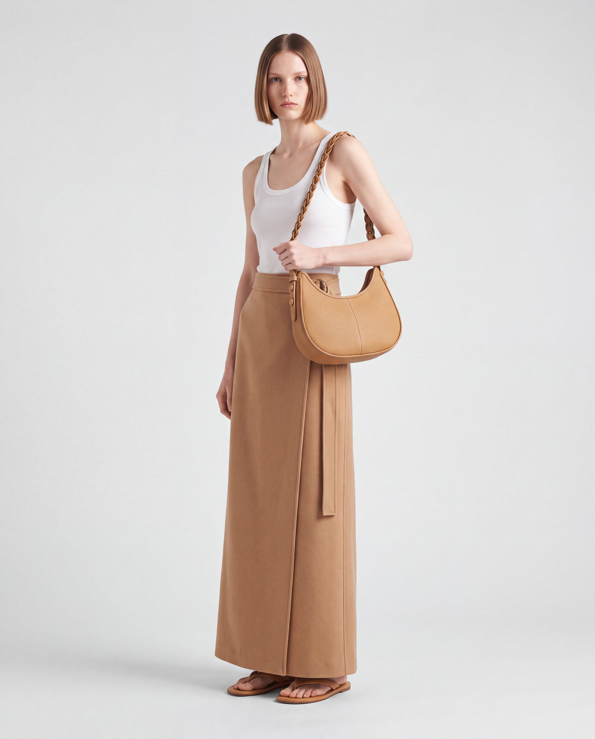 Everyday Shoulder Bag in Camel – worn by model, full length