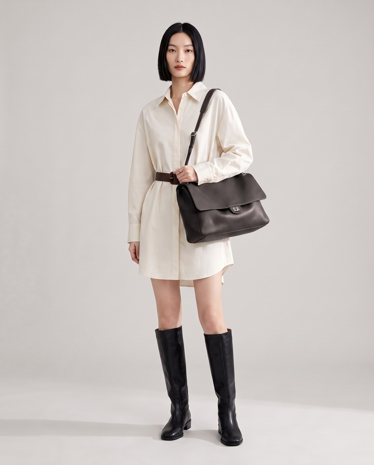 Model with the Fiume leather shoulder bag in black, full length