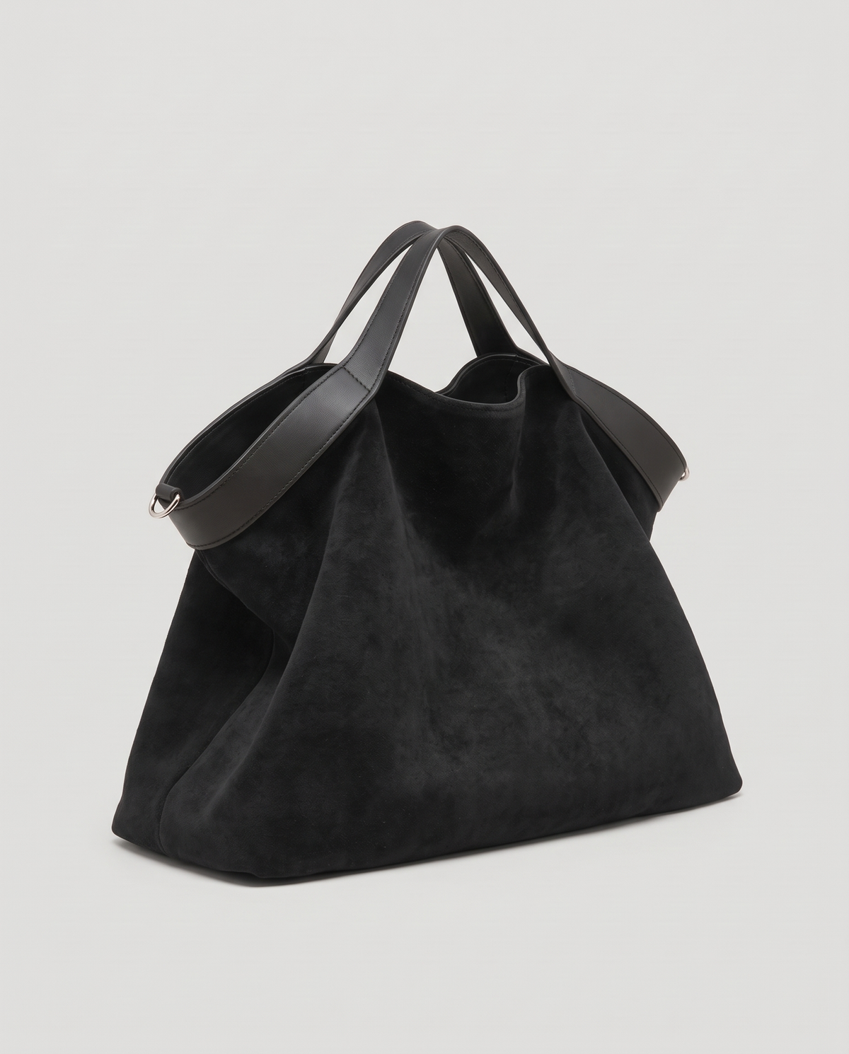 Forte suede tote in black, three-quarter view